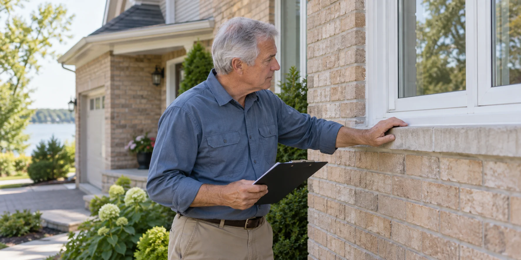 A grey-haired home inspector examining an exterior window and brickwork